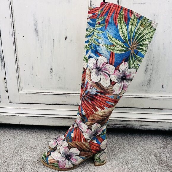 Unique JB Easos Geal Beautiful Floral Pull on Knee High Heeled Boots ~ Size 5.5 - Picture 1 of 10